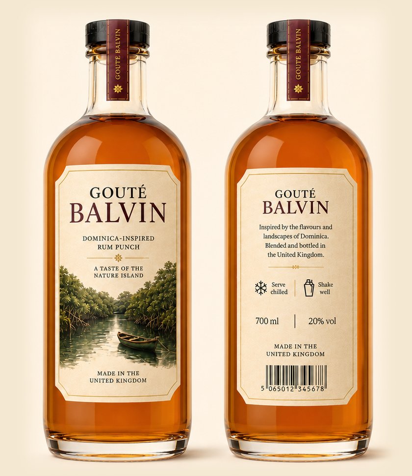 Front and back of the Gouté Balvin bottle. The back label reads: inspired by the flavours and landscapes of Dominica, blended and bottled in the United Kingdom.